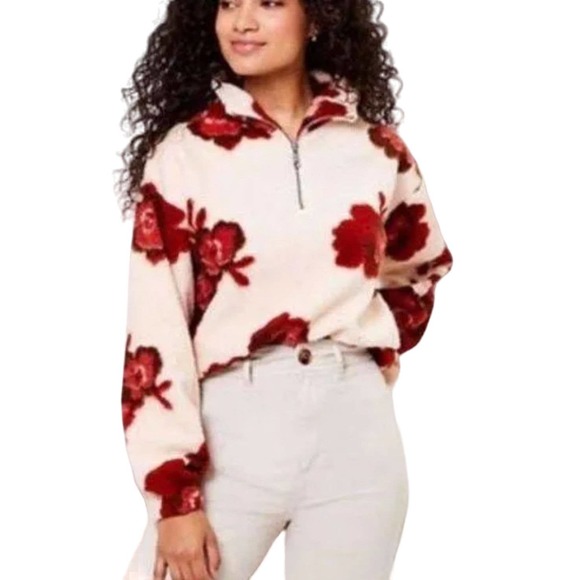 Loft Plush Teddy Bear Sherpa Cozy Glam Floral Quarter Zip Pullover Plus-size XXL - Picture 1 of 7